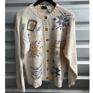 Vintage Russ Studio Women Large Cream Multicolor Patterned Knit Cardigan Sweater